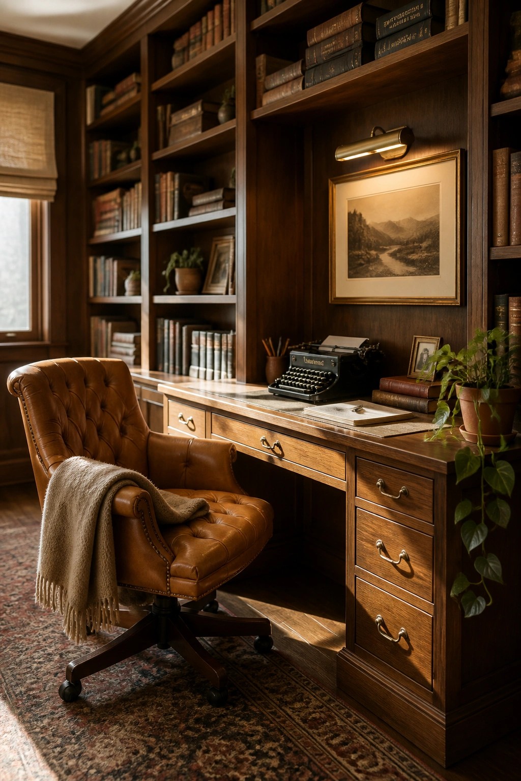 A home office with dark wood built-in bookshelves, a matching wooden desk, a brown leather swivel chair, and a vintage typewriter on the desk surface.