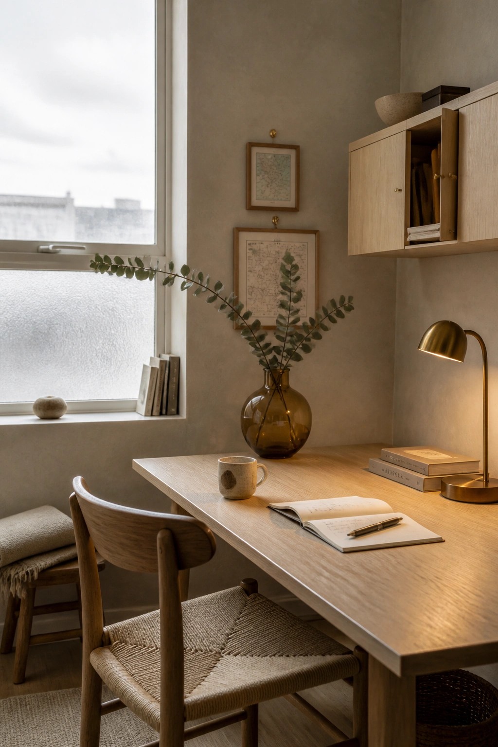 A light wood desk with a woven chair in a neutral home office, positioned near a window with an open notebook and desk lamp on the surface.