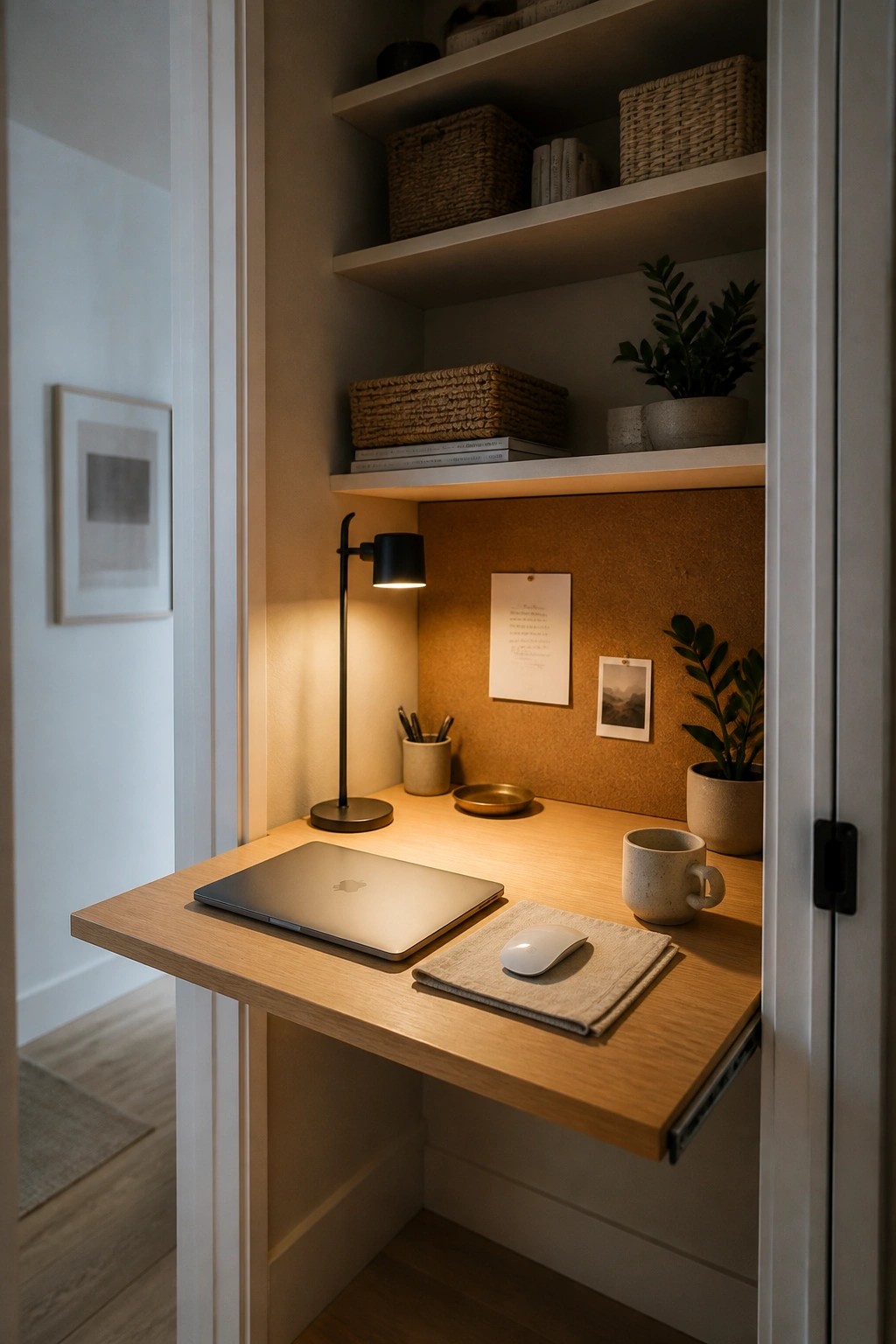 A light wood pull-out desk inside a closet alcove with a laptop, mouse, desk lamp, corkboard, and open shelves holding baskets above.