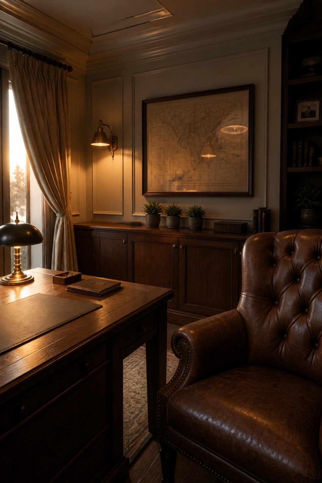 A home office featuring a wooden desk with a leather desk pad, a brown tufted leather armchair, a long dark wood cabinet, potted plants, and a large framed world map on the wall, illuminated by warm light from a desk lamp and wall sconces.
