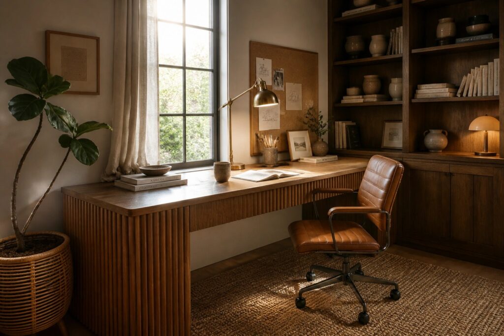 25 Calm Office Aesthetic Ideas Centered Around Warm Neutrals A home office with a wooden desk under a large window, a brown leather office chair on a jute rug, and built-in wooden shelves filled with books and pottery.