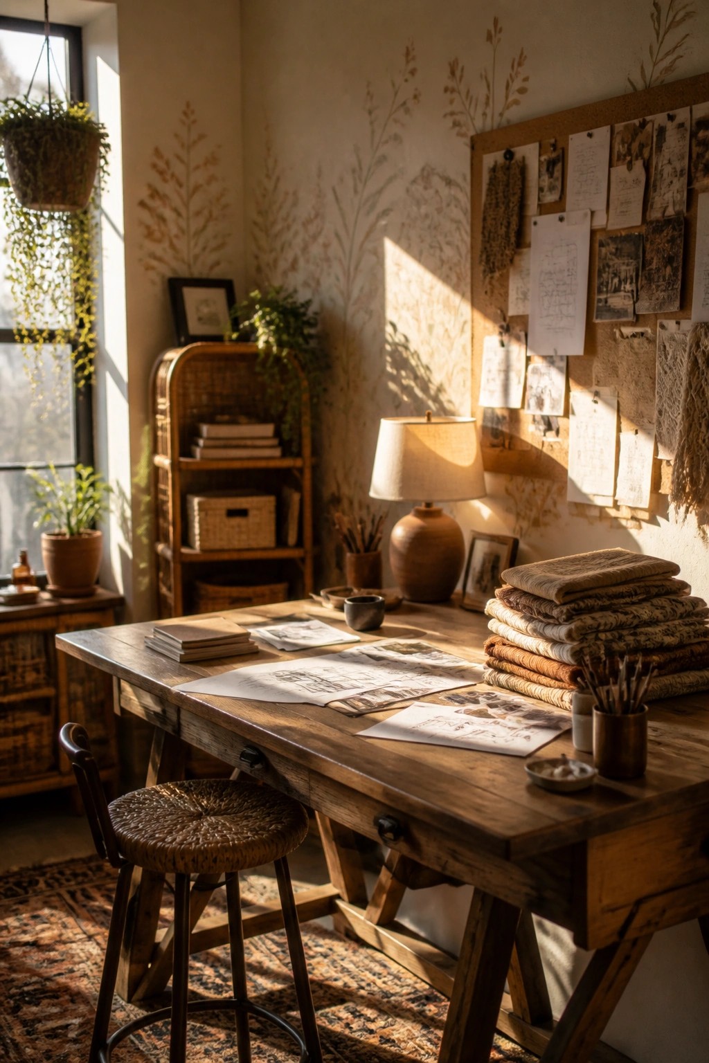 A sunlit wooden desk holds stacked neutral fabrics, papers, a lamp, and brushes, with a woven stool in front and a corkboard of sketches on the wall.