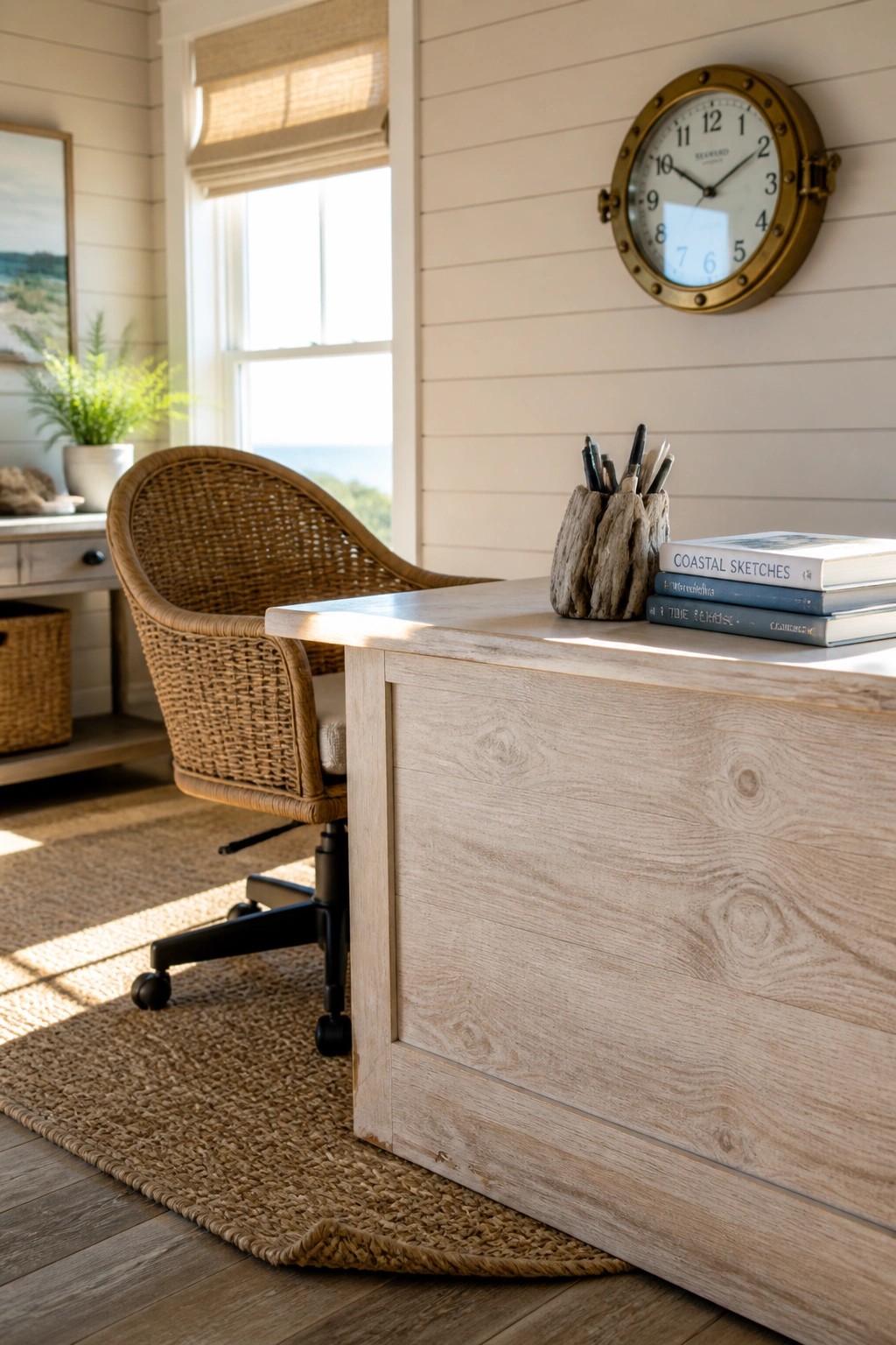 A light wood desk with a woven office chair on a jute rug in a room with white shiplap walls and a round wall clock.
