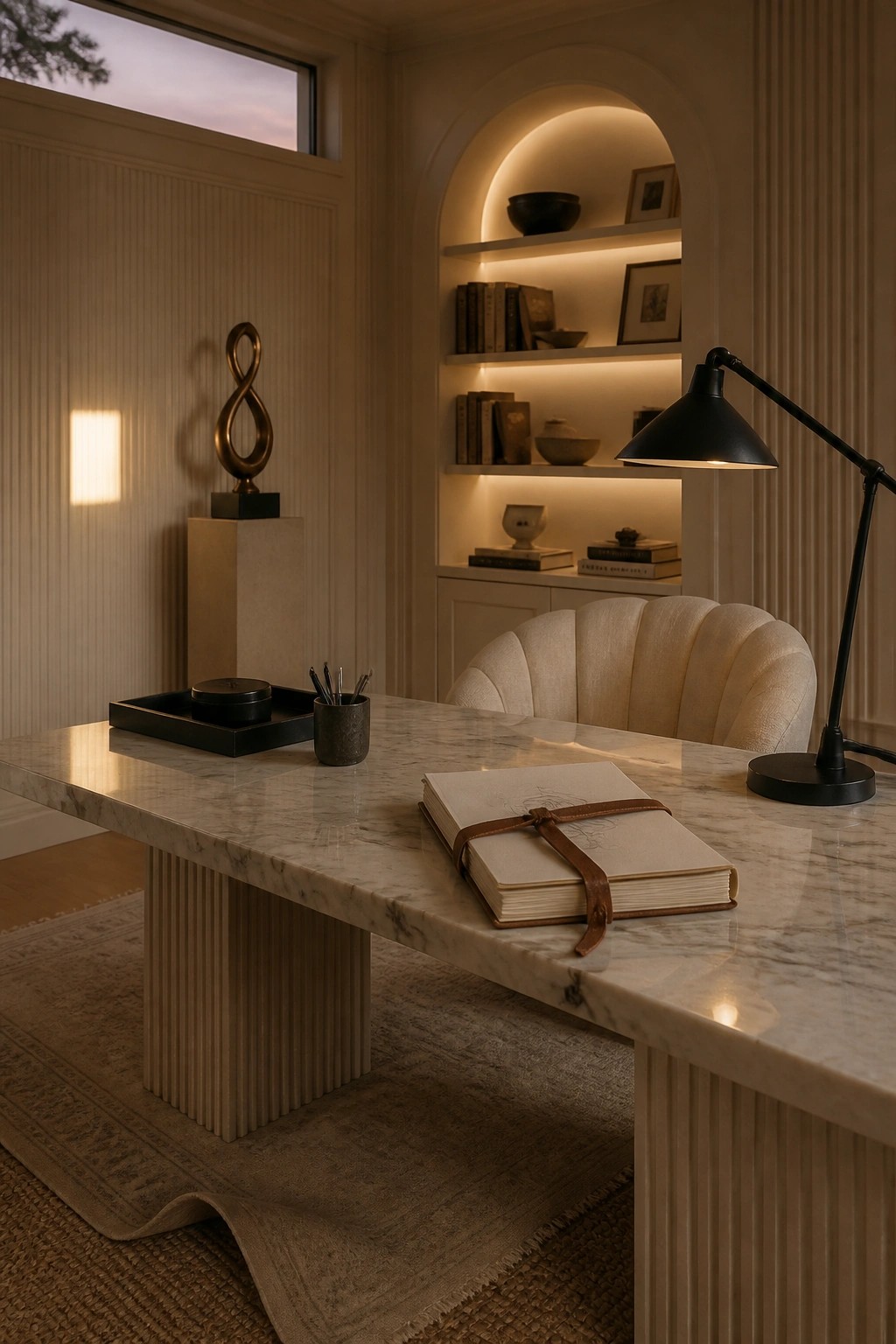 A home office with a large marble desk on a fluted base, a cream upholstered chair, a black desk lamp, and illuminated arched built-in shelves holding books and decor.