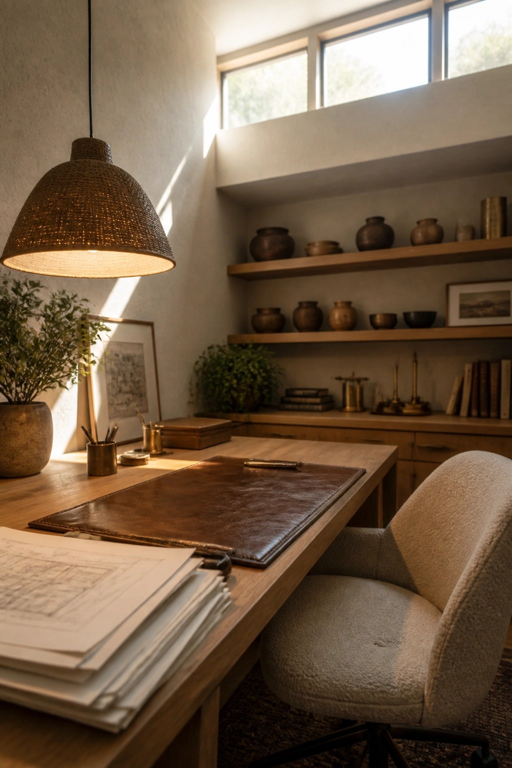 A home office featuring a wooden desk with a brown leather desk pad, a woven pendant lamp, and built-in shelves holding pottery and books.