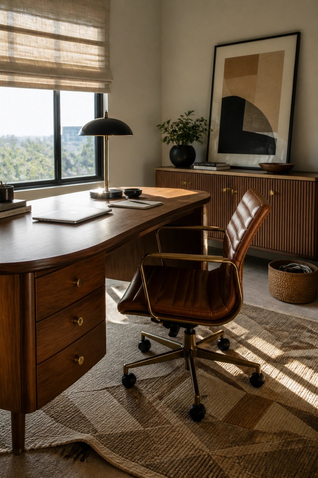 A home office featuring a curved wooden desk with a brown leather swivel chair positioned in front of a large window.