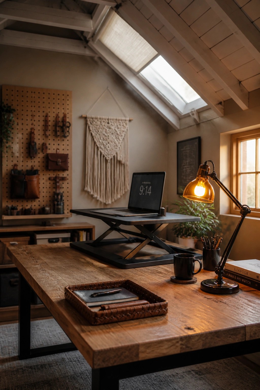 An attic home office with a wooden desk holding a laptop on a standing converter, a lit desk lamp, a black mug, and a pegboard wall displaying leather pouches and tools.