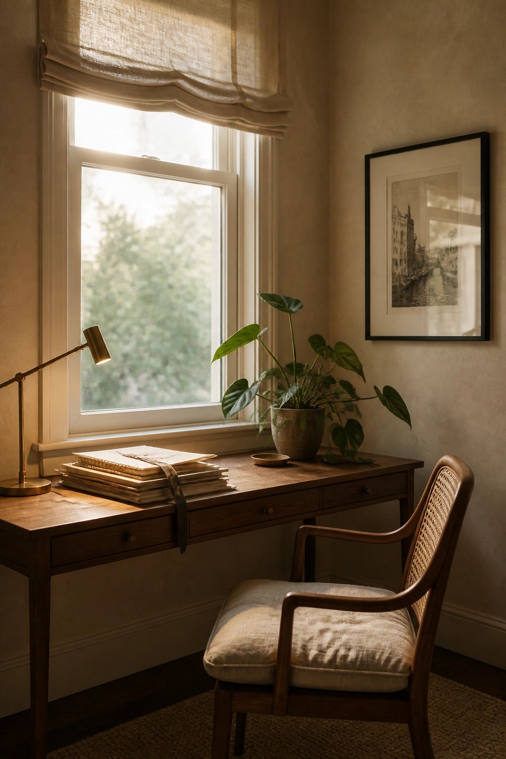 A wooden desk with stacked papers sits under a window beside a potted plant, with a woven chair pulled up in a neutral room.