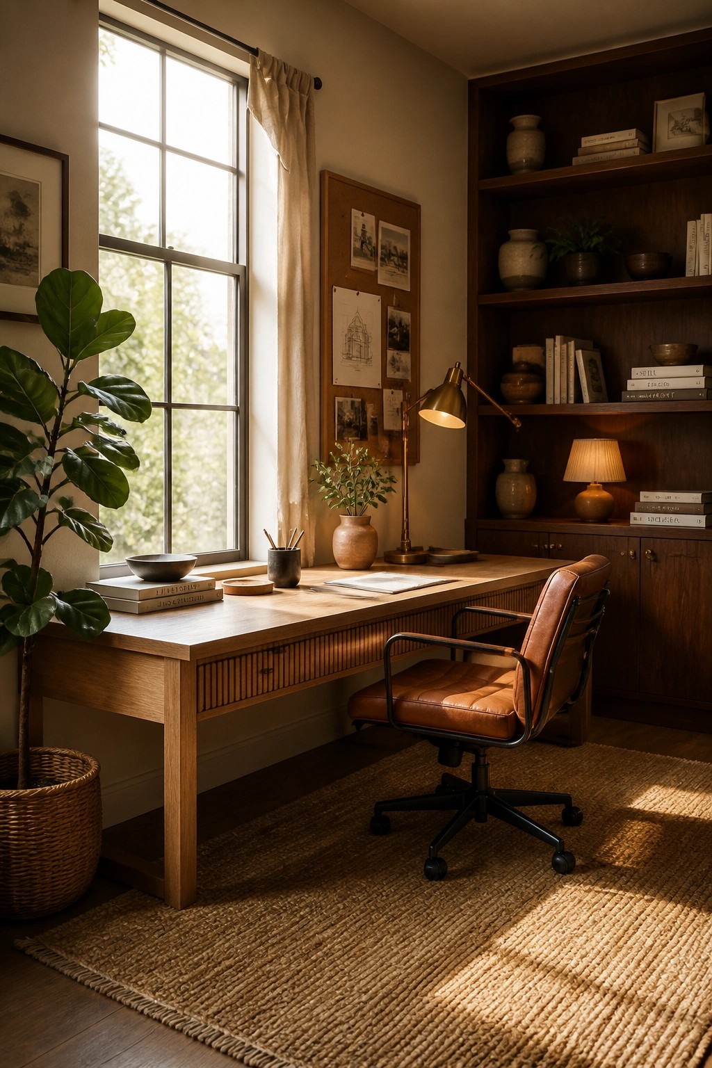 A home office with a wooden desk under a large window, a brown leather office chair on a jute rug, and built-in wooden shelves filled with books and pottery.