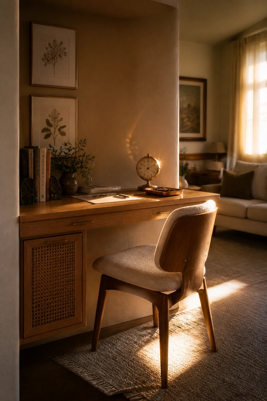 A wooden desk with a cushioned wooden chair sits in a corner of a room with neutral walls, framed botanical prints, and sunlight coming from a nearby window.