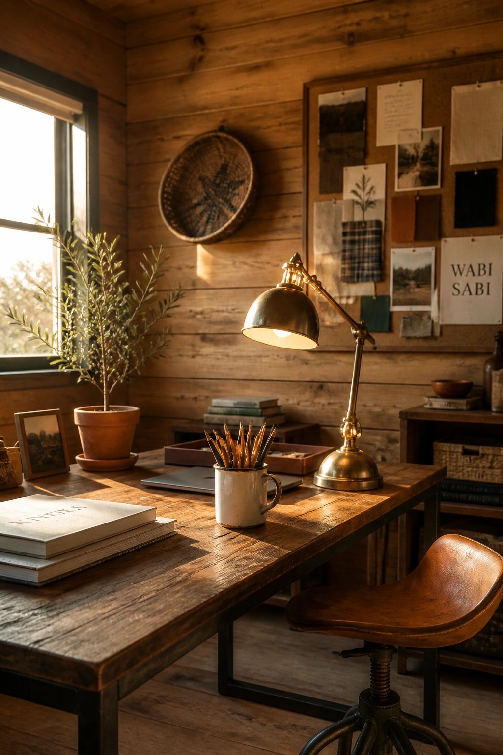 A wooden desk with a brass lamp, books, a potted plant, and a stool inside a wood-paneled room with a window on the left and papers pinned to the wall on the right.
