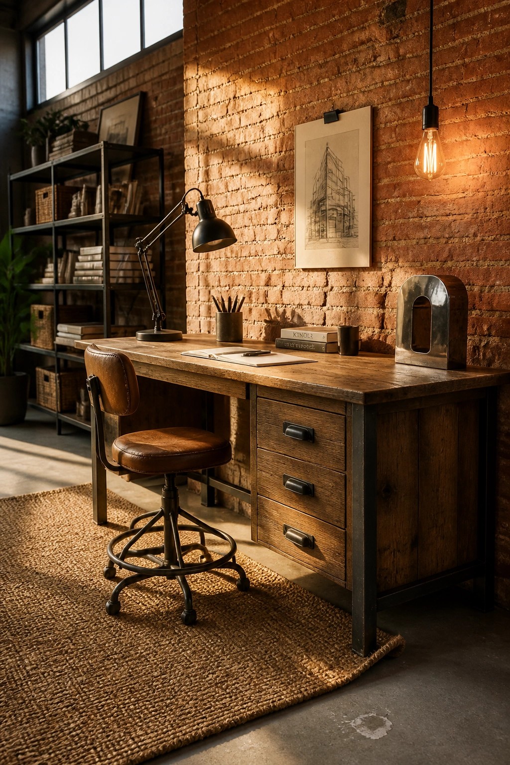 A wooden desk with metal legs and drawers stands against a red brick wall, with a brown leather office chair on a woven rug and warm lighting from a desk lamp and hanging bulb.