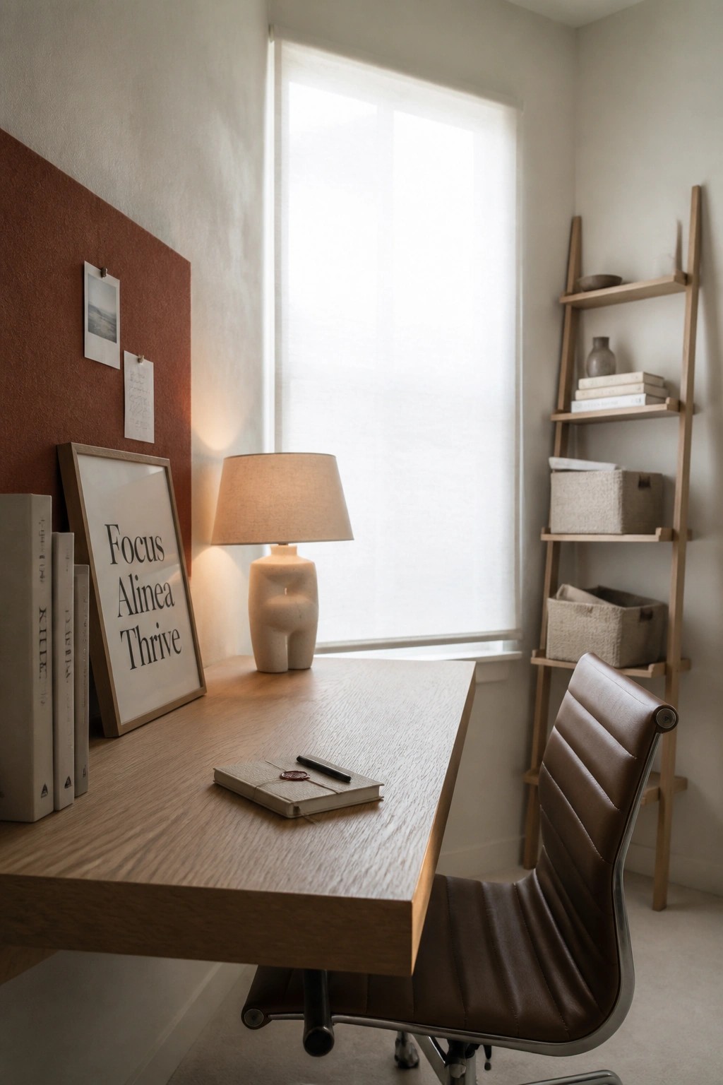A light wood desk with a lamp, notebook, and framed print sits in front of a window beside a brown leather office chair, with a tall leaning wood shelf holding baskets and books to the right.