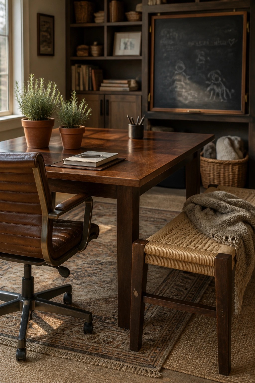 A home office with a large wooden desk, brown leather office chair, woven bench with a throw blanket, potted plants on the desk, and a chalkboard cabinet in the background.