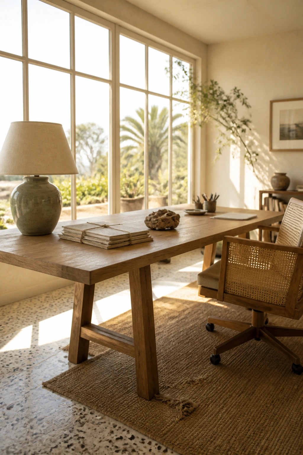 A wooden desk with a ceramic lamp, stacked papers, and a rock sits before large windows next to a woven office chair on a jute rug.