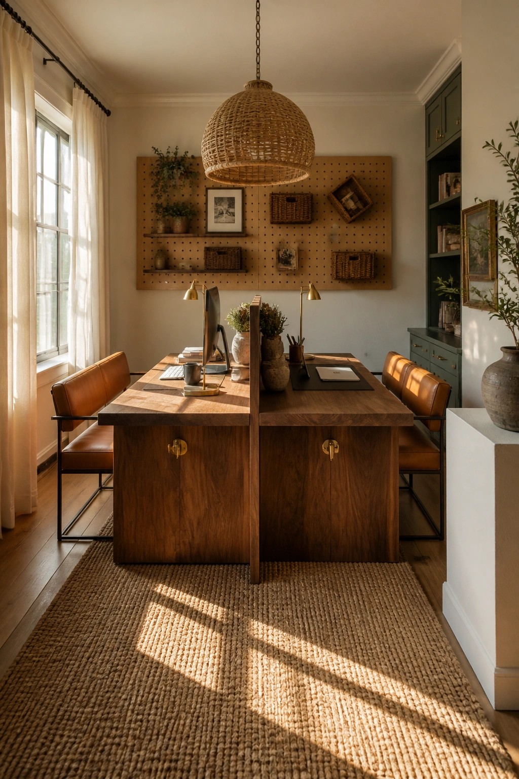 A home office with a large wooden desk, brown leather chairs on either side, a woven pendant light overhead, and a pegboard wall in the background.
