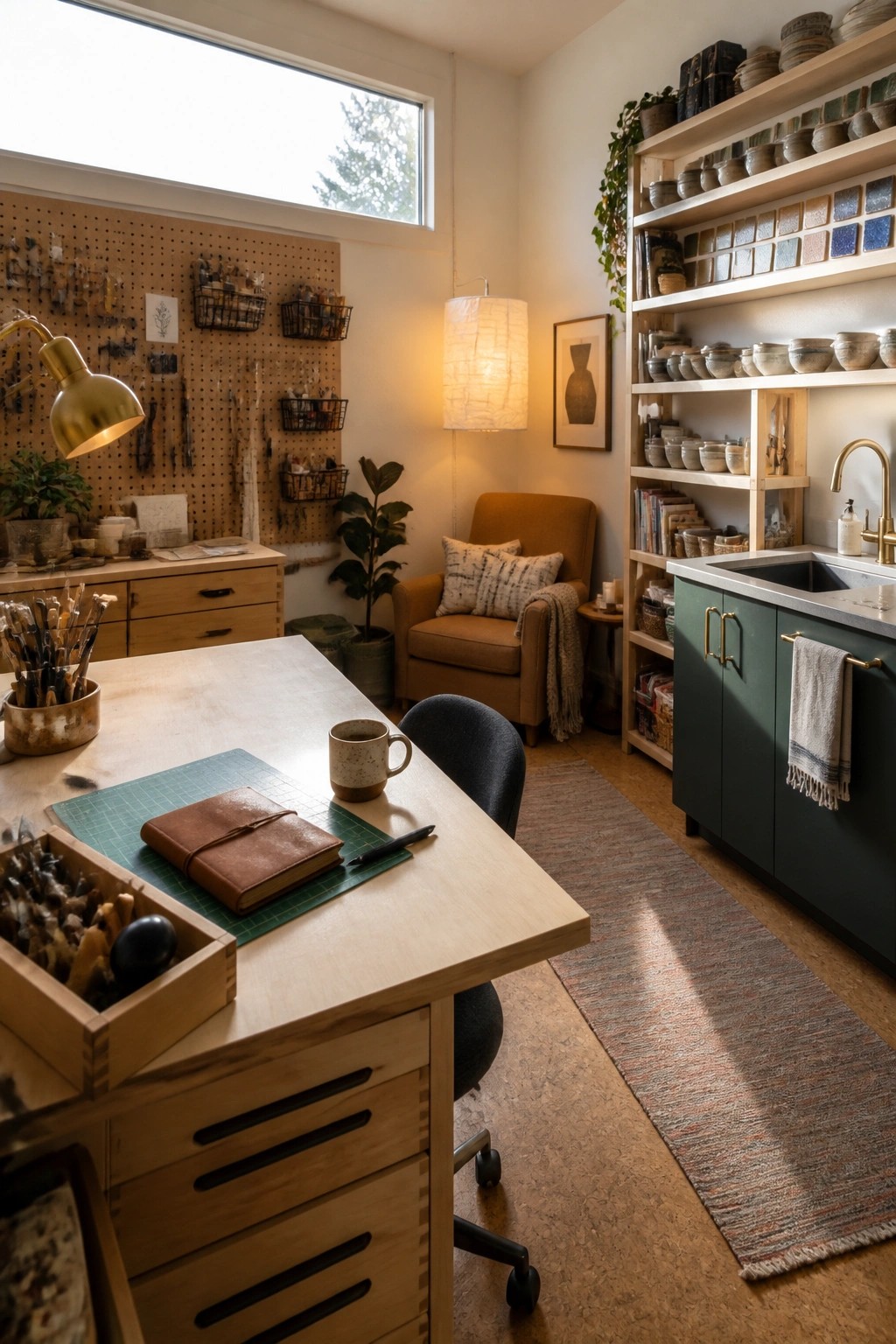 A home office featuring a light wood desk with a green cutting mat, leather notebook, and mug, next to a pegboard wall and open shelves holding pottery and books.