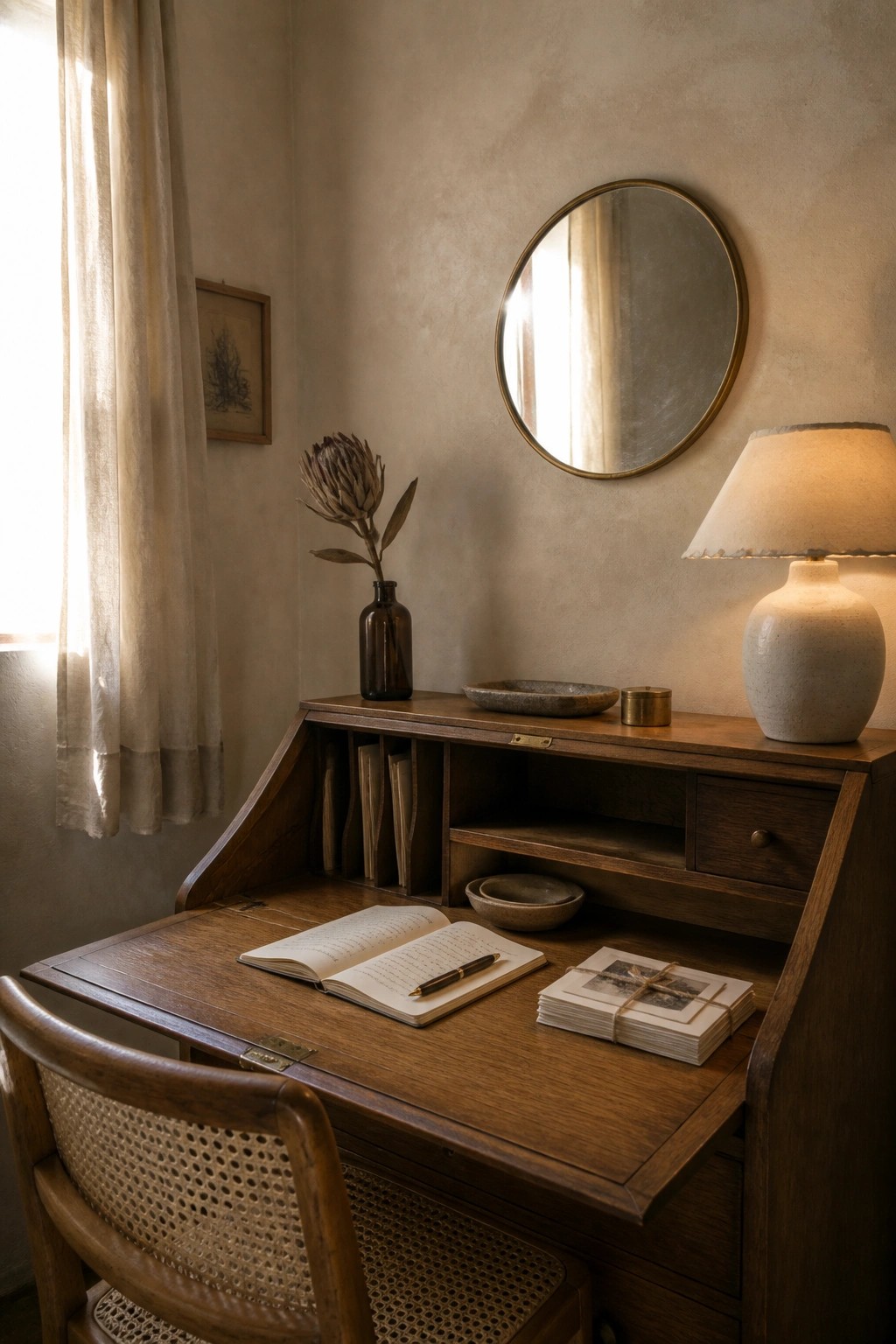 A wooden drop-front secretary desk with an open notebook and pen, a lamp on top, a round wall mirror above, and a cane chair in front.