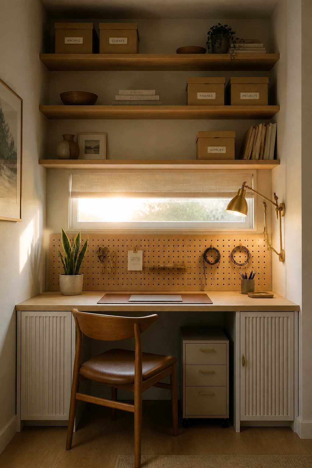 A compact home office with a wooden desk beneath a window, multiple wooden shelves above holding labeled storage boxes, and a pegboard mounted on the wall behind the desk.