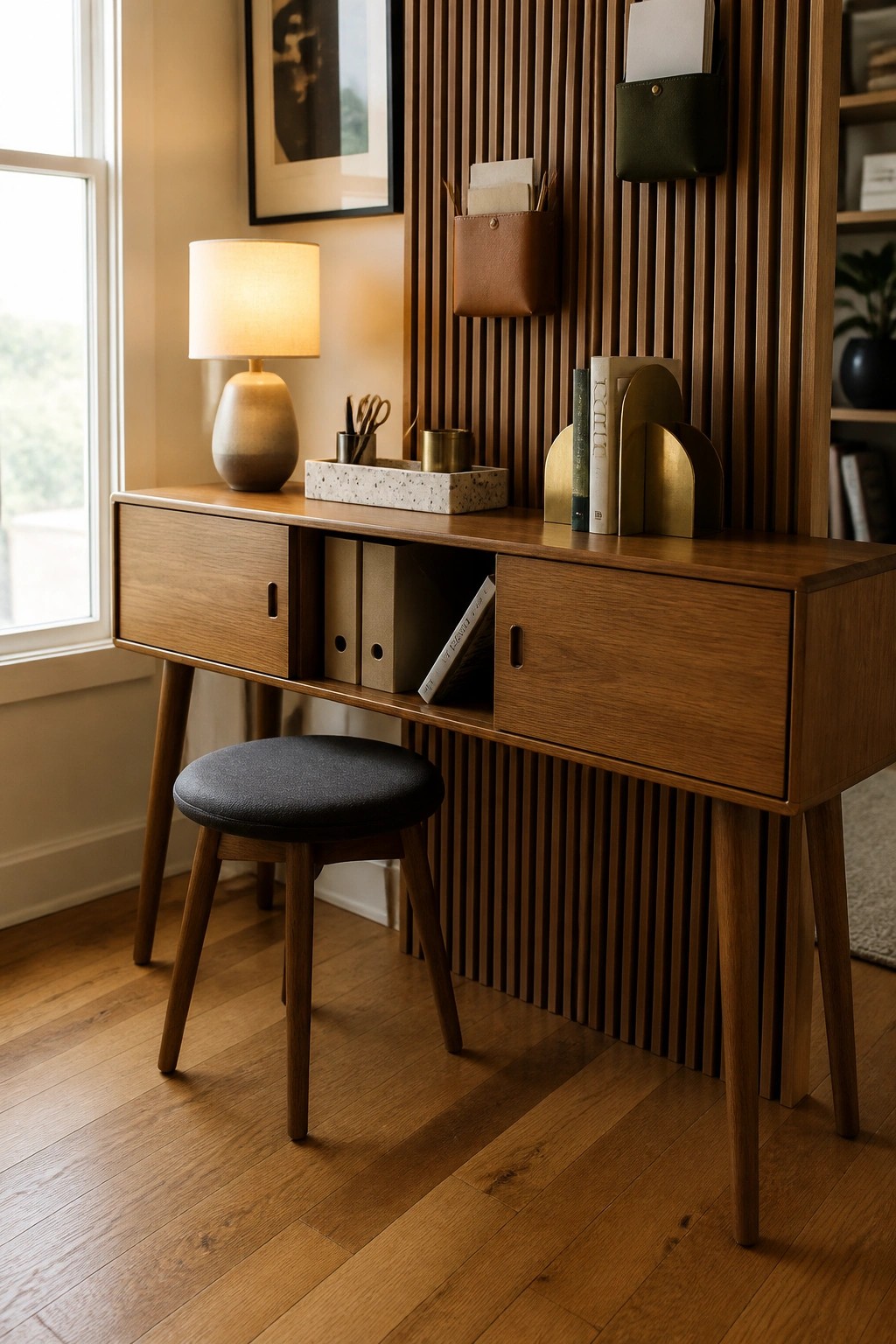 A wooden desk with side drawers and central open shelving holding binders sits against a slatted wood wall with hanging leather pockets, and a round stool is positioned in front on a hardwood floor.