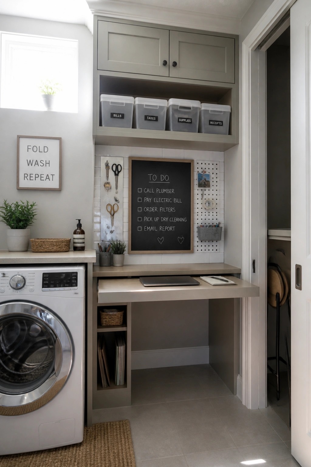A compact built-in desk with gray upper cabinets, open shelves holding labeled storage bins, and a chalkboard to-do list mounted on the wall above the desk.