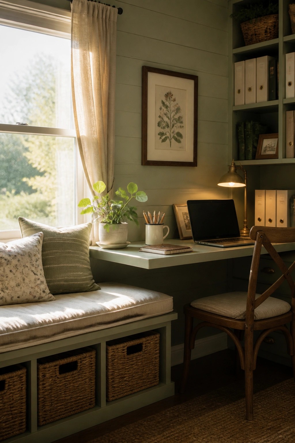 A small home office featuring a built-in window bench with woven storage baskets below, a floating desk holding a laptop and notebook, wall shelves with binders, and a potted plant on the desk.