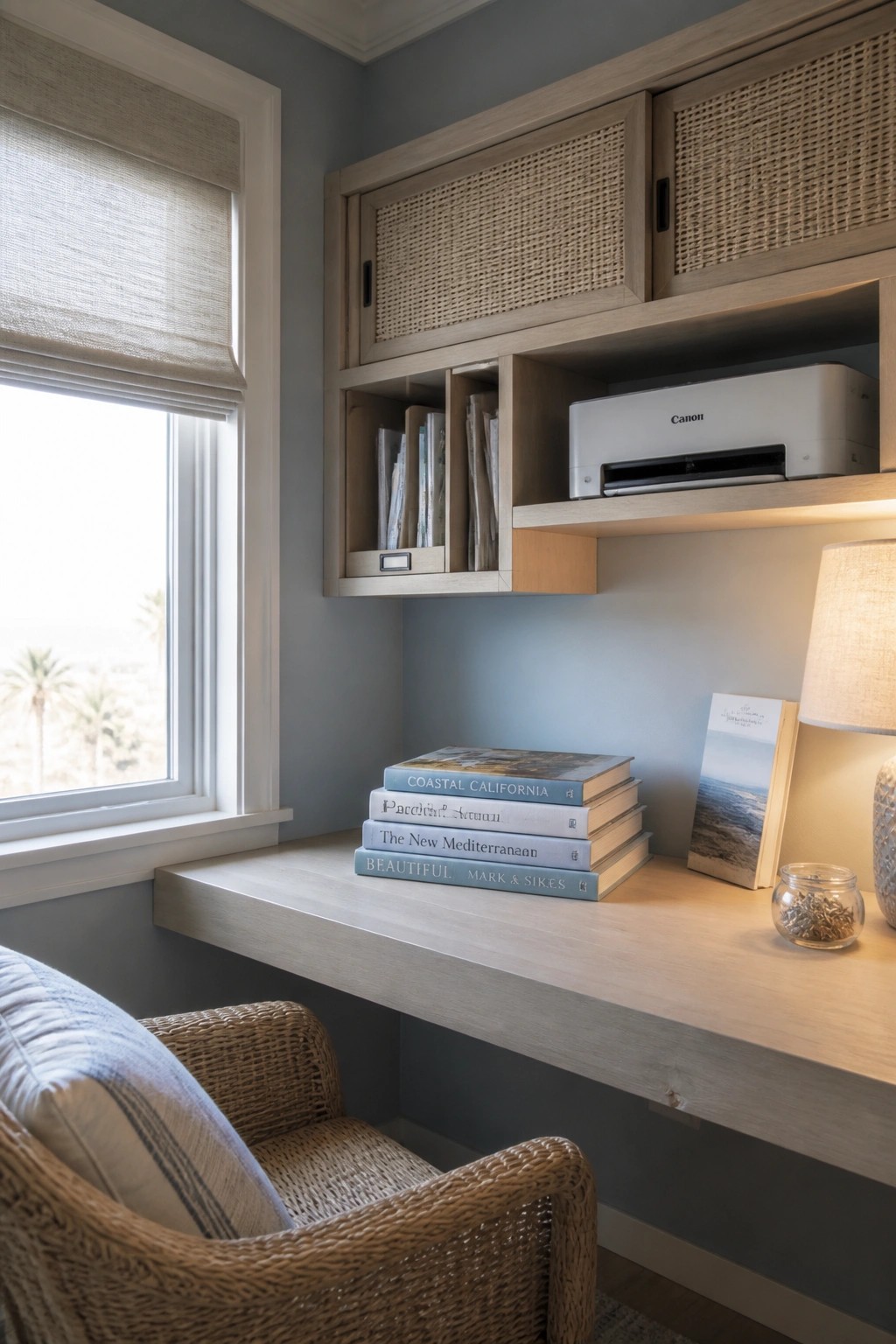 Built-in wooden desk with stacked books, Canon printer, and woven chair by window