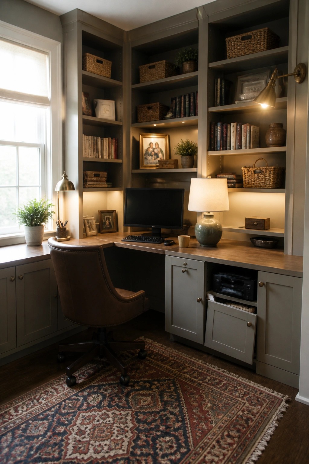 A home office corner with gray built-in shelves and cabinets surrounding a wooden desk, a brown leather chair on a patterned rug, and a computer monitor on the desk.