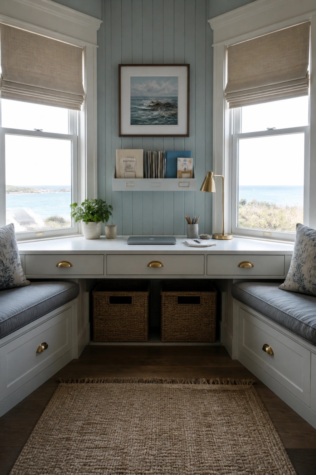 A light blue room with a white built-in desk between two windows, three drawers below the desk surface, woven baskets in the open space underneath, and blue cushioned benches on either side.