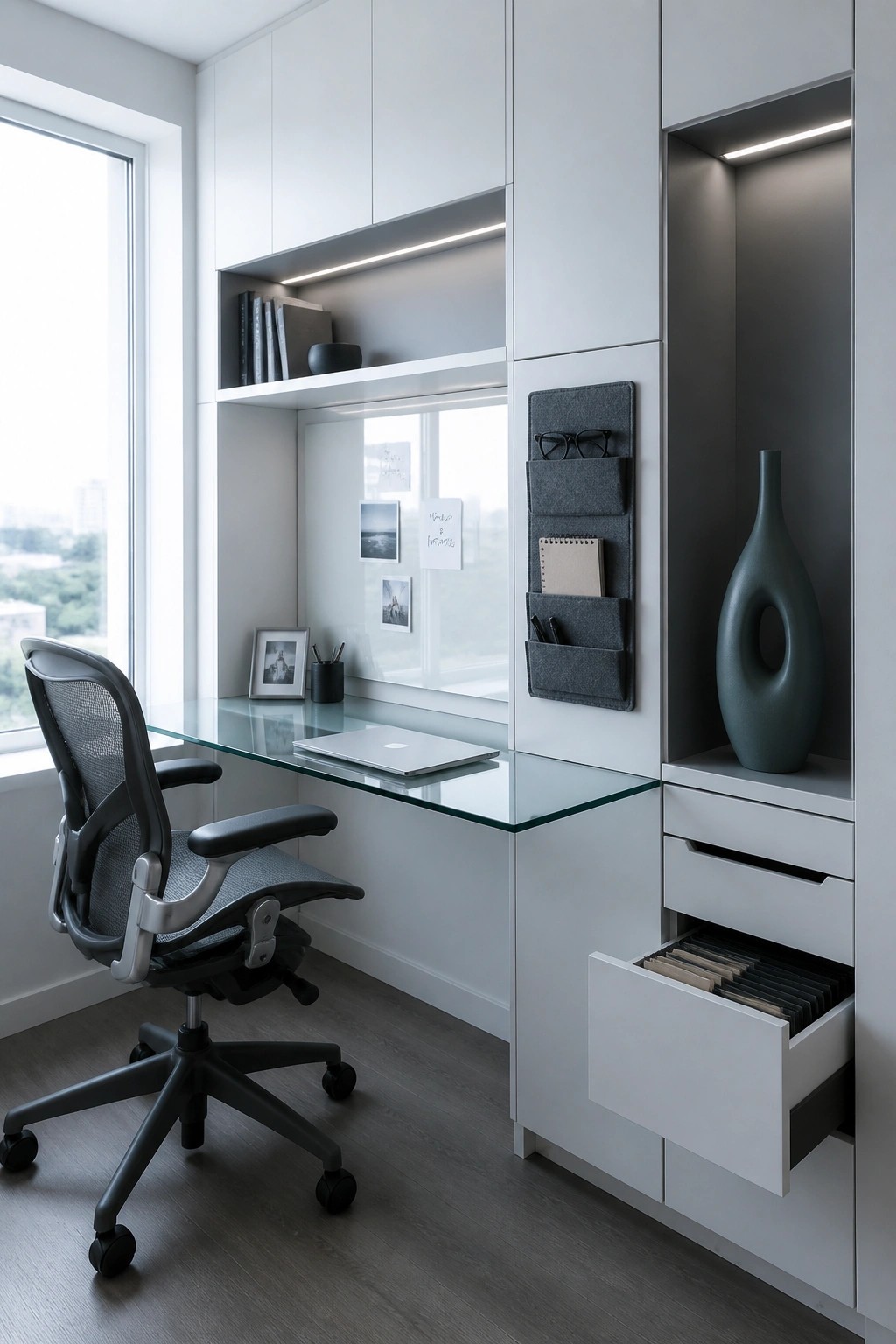 A compact modern home office with a glass desk, ergonomic chair, white built-in cabinetry, open shelving, a hanging felt organizer, and an open file drawer.