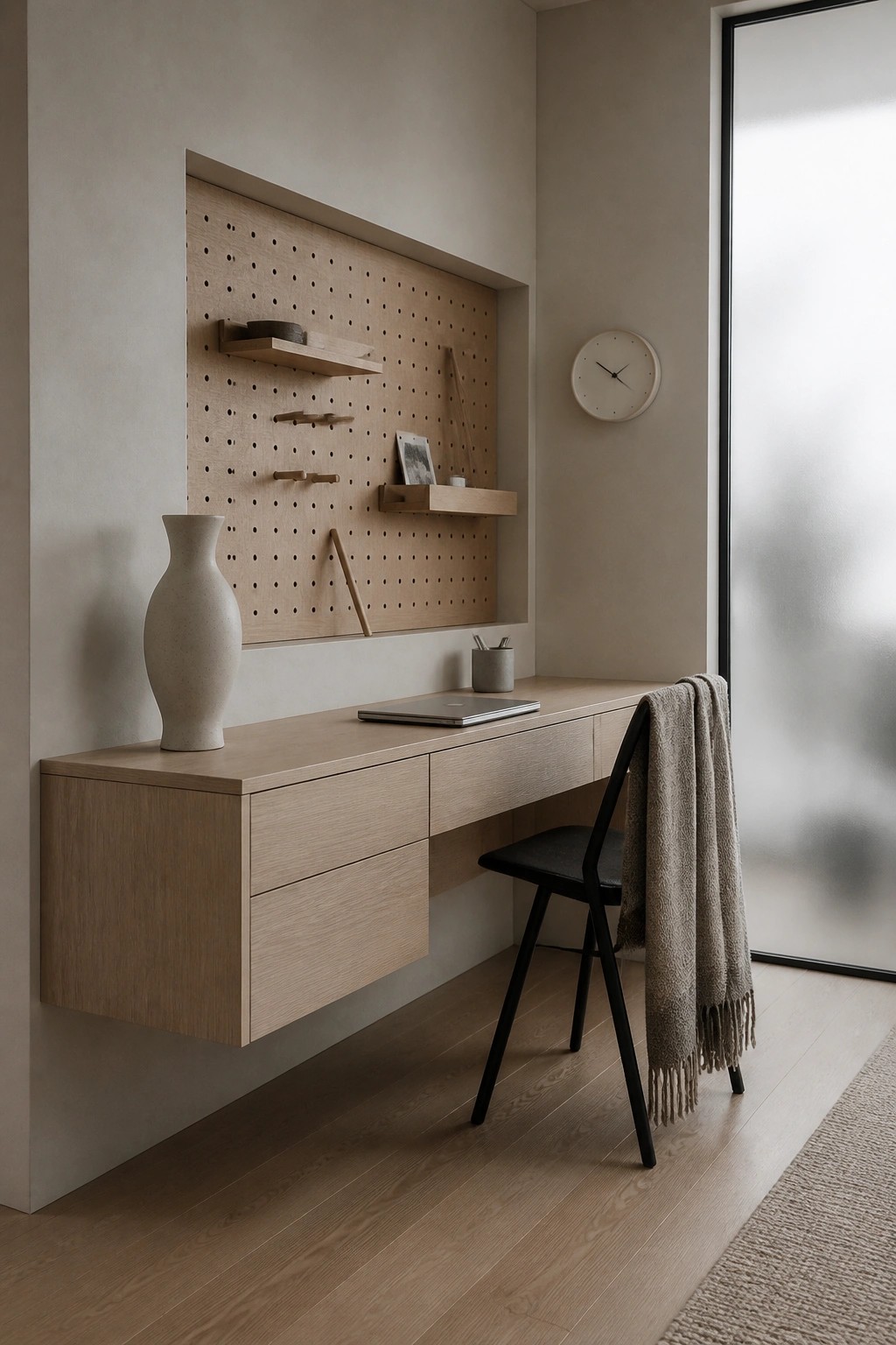 A light wood floating desk with drawers sits below a large pegboard wall panel, accompanied by a black chair and minimal desk accessories in a neutral room.