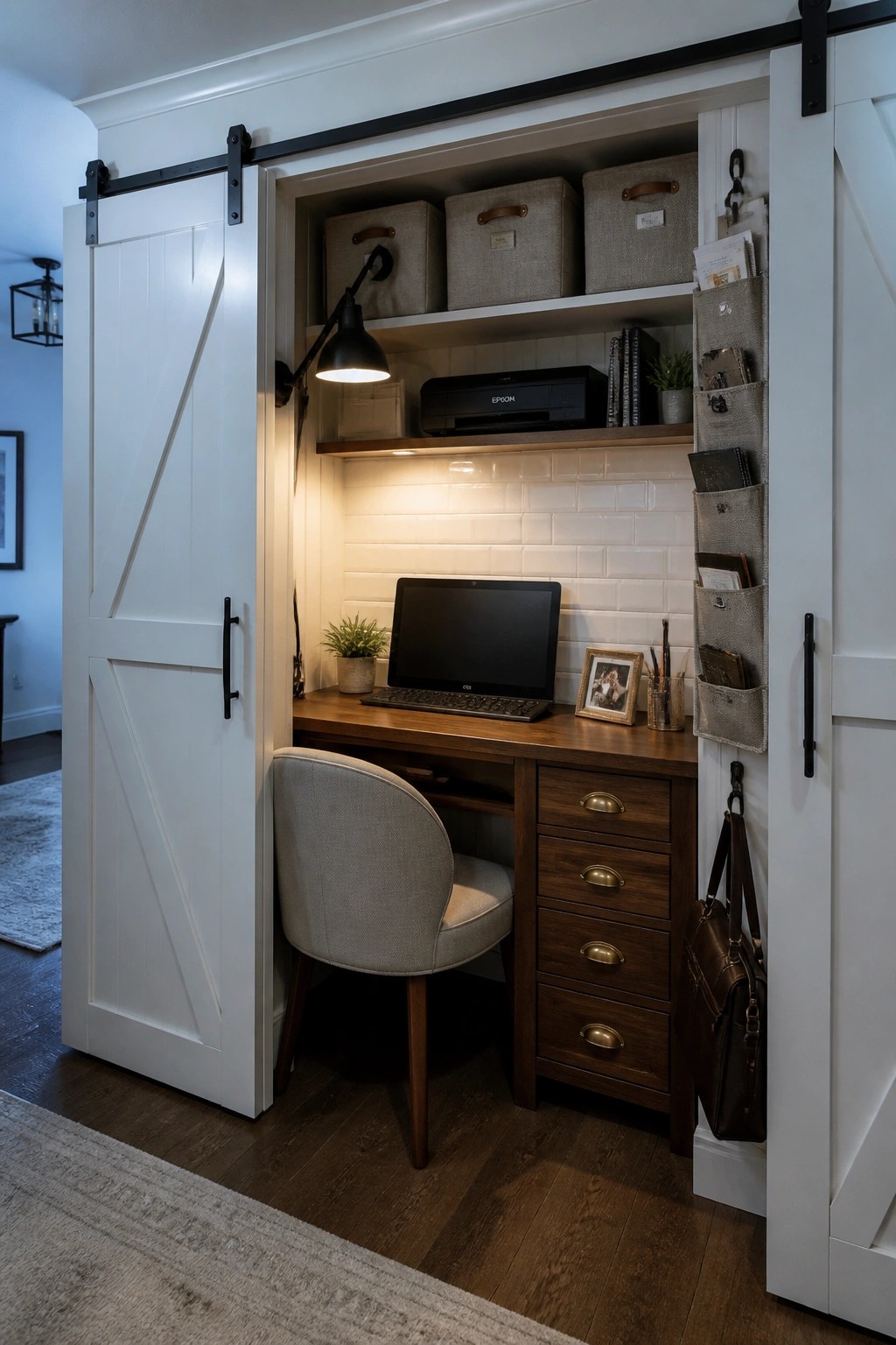 Open white barn doors reveal wooden desk nook with laptop, chair, and storage shelves.