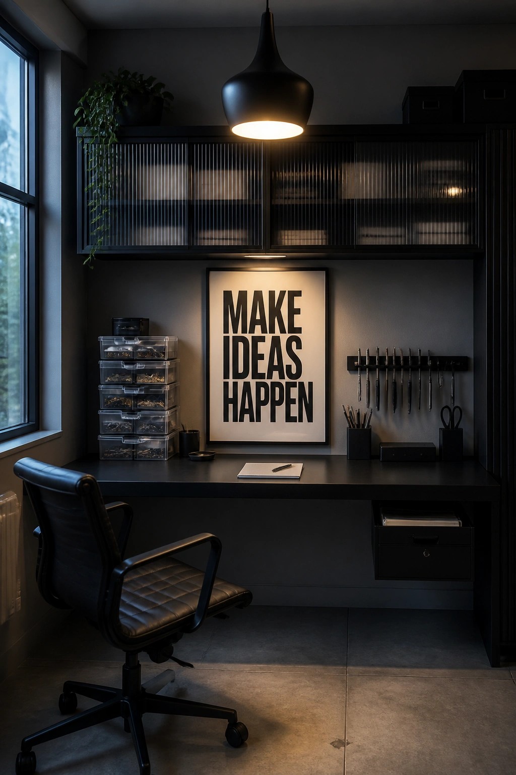 A small home office with a black desk, office chair, wall-mounted ribbed glass cabinets above, and a large framed poster on the wall.