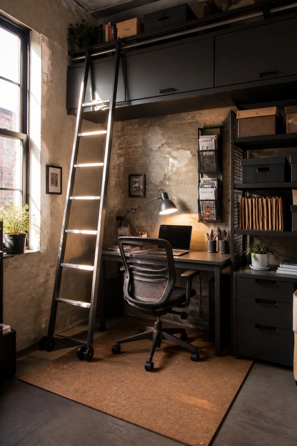 A compact home office features a rolling ladder leading to dark overhead storage cabinets above a desk with a mesh office chair.