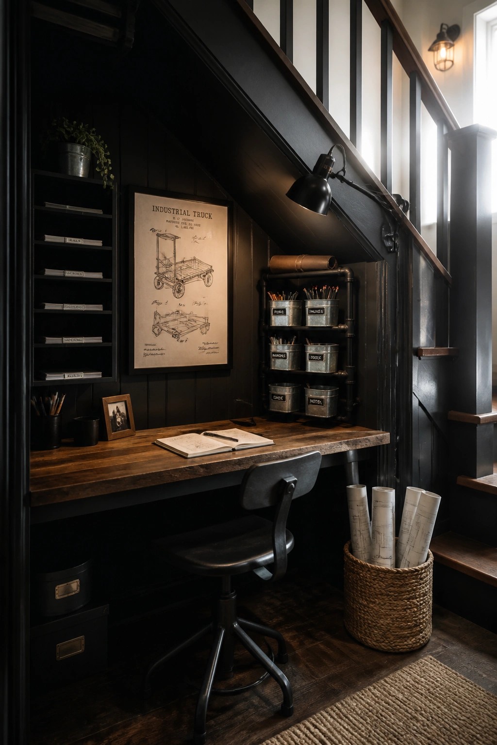 A small home office under a staircase with a wooden desk, black chair, framed print on the wall, and metal bins mounted on pipes.