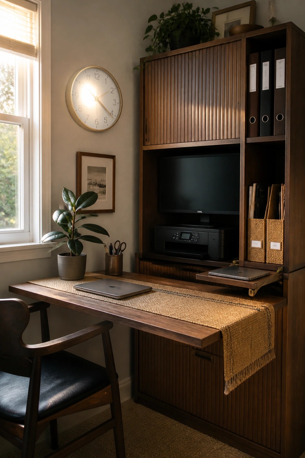 A small home office with a wooden desk, chair, and tall built-in wood cabinet that includes closed storage, open shelves, and a fold-out tray holding a laptop.