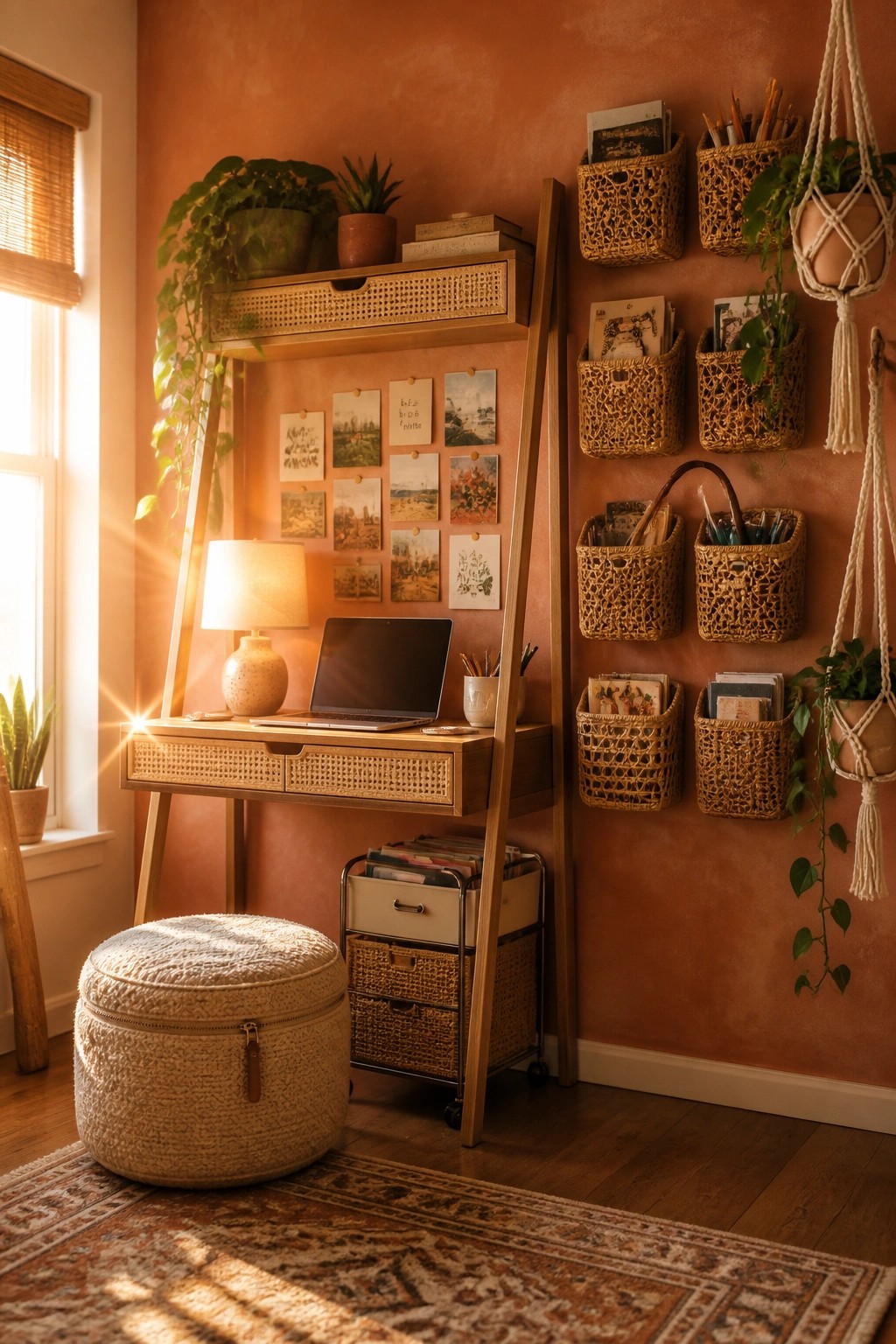 A compact home office with a wooden desk, laptop, and terracotta walls lined with multiple woven baskets used for storage, plus a rolling cart and round pouf.