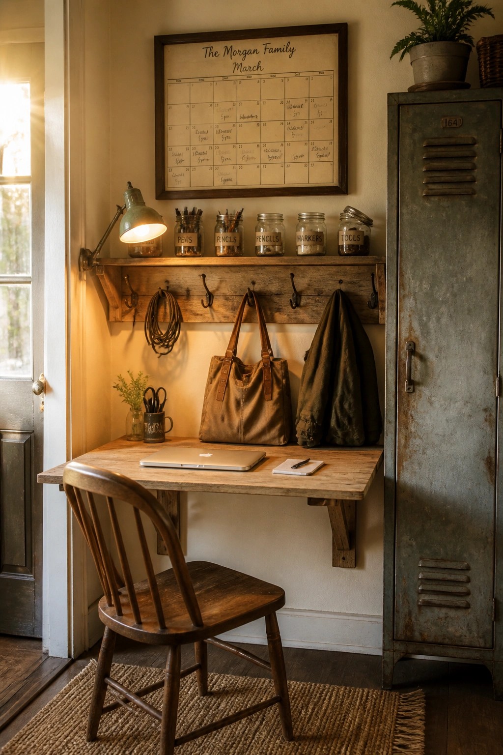 A compact home office corner with a wooden wall-mounted desk, spindle-back chair, shelf with hooks holding bags and a coat, labeled supply jars, calendar on the wall, and metal locker nearby.