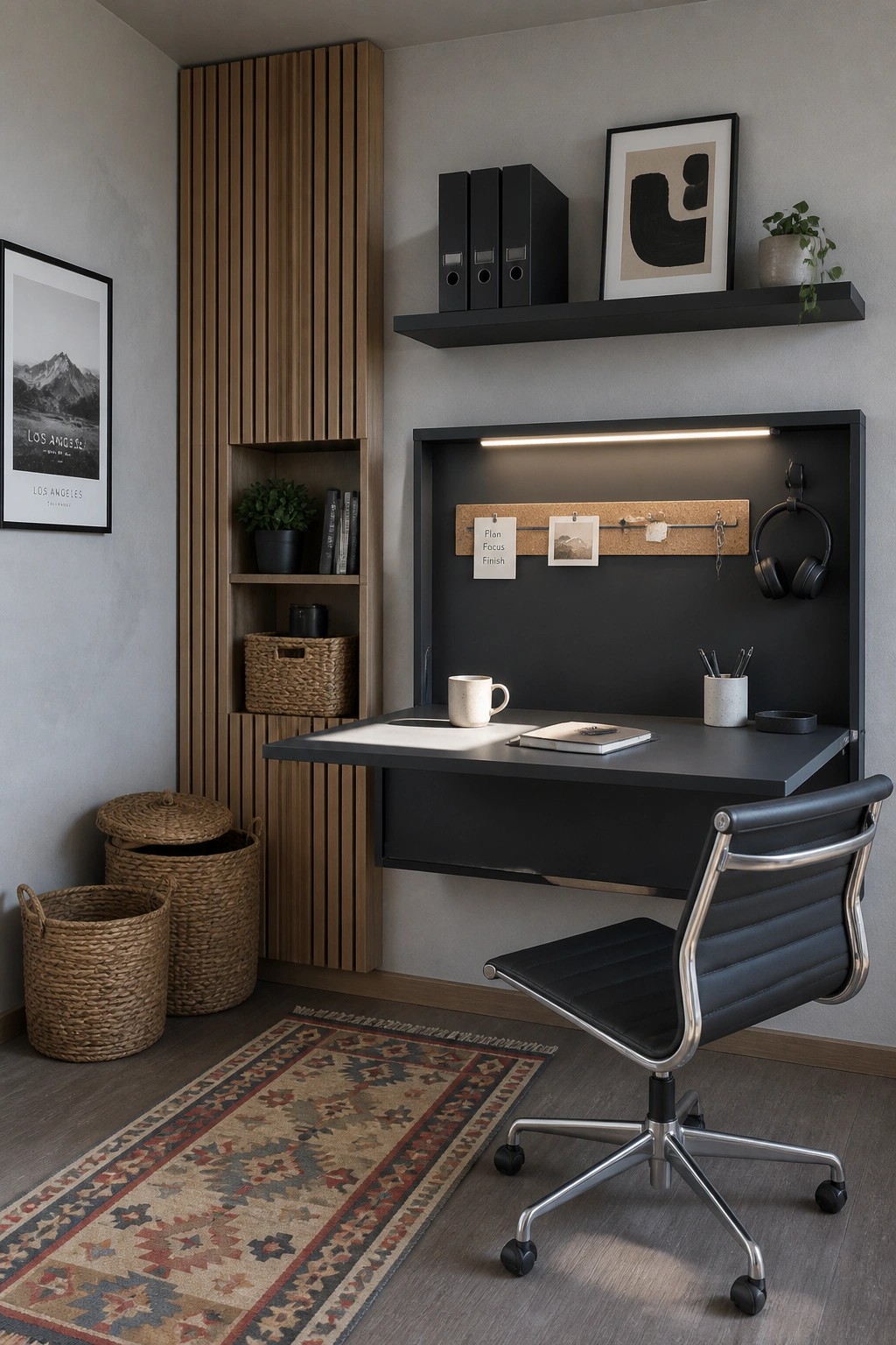 A compact home office featuring a black wall-mounted fold-down desk with integrated lighting, a black office chair on wheels, a vertical wood storage cabinet with open shelves, and woven baskets on the floor.