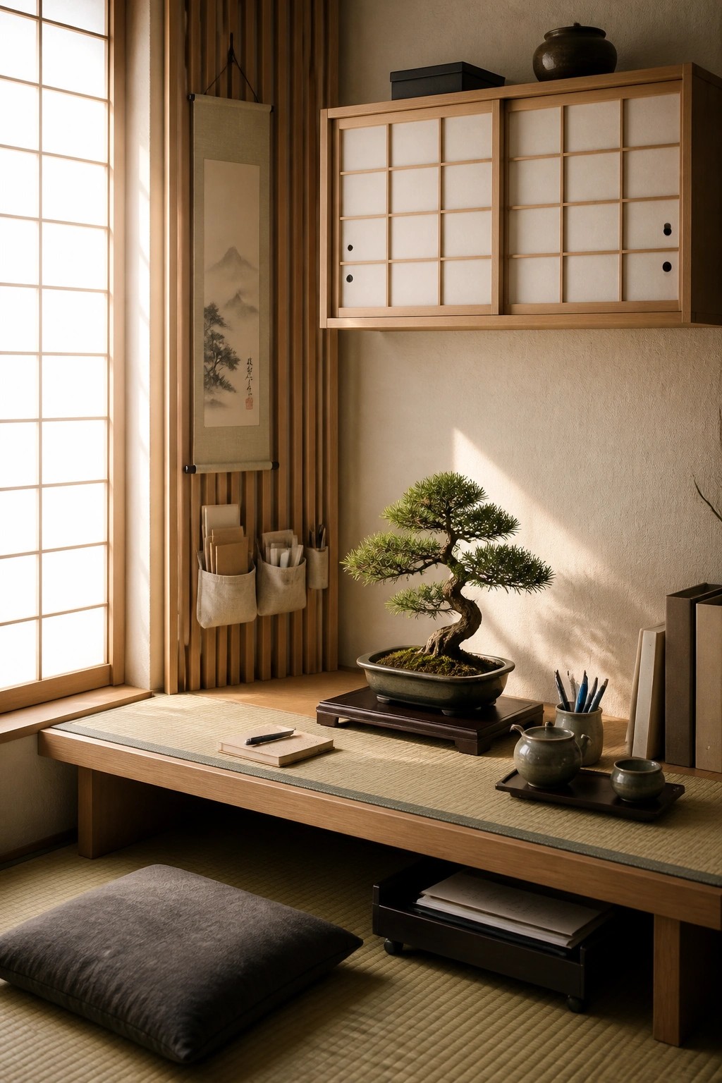 A compact Japanese-style home office with a low wooden desk on tatami mats, a bonsai tree on a stand, fabric wall pockets holding papers, and upper storage cabinets.