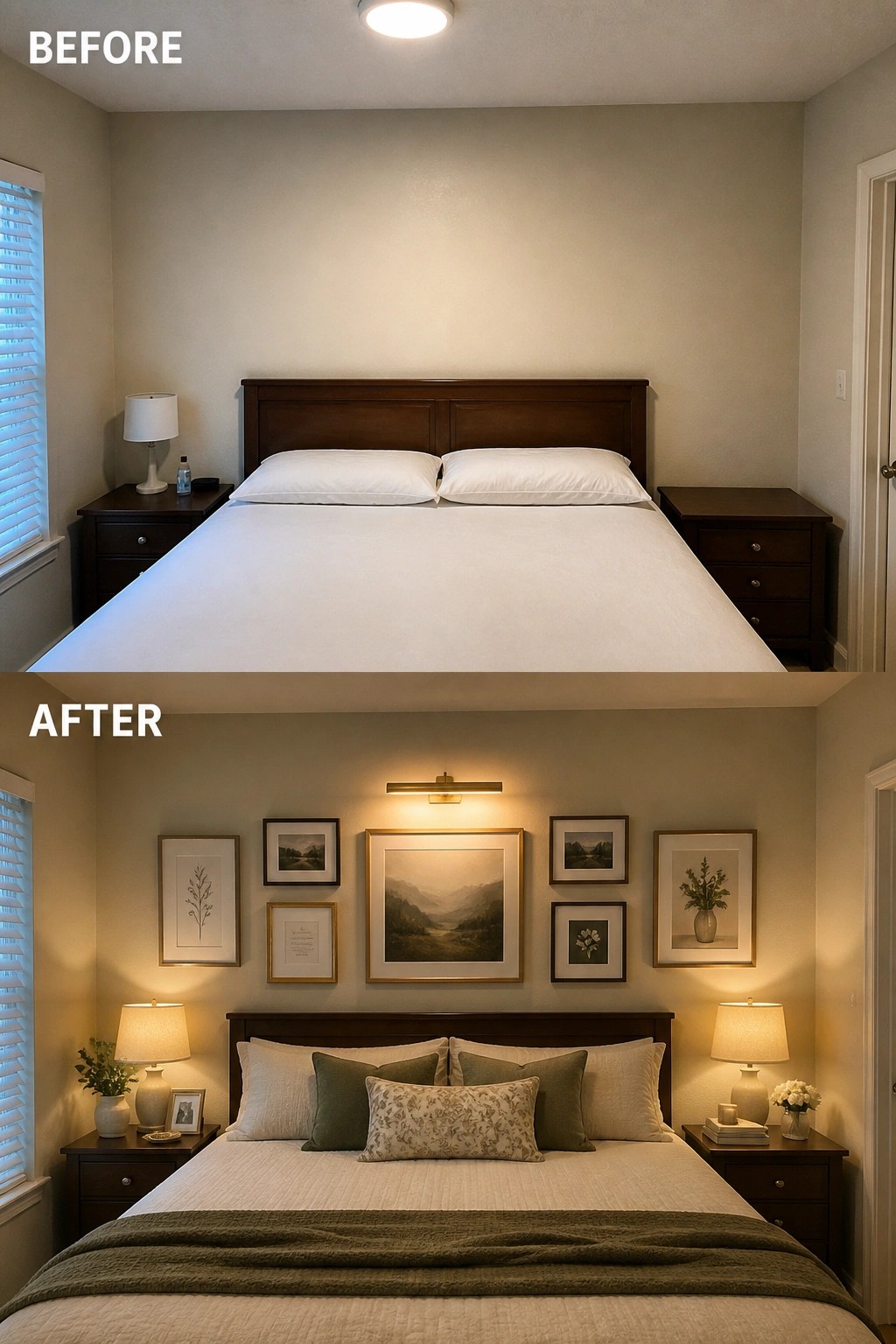 Before and after bedroom with wooden bed, nightstands, and added gallery wall art.