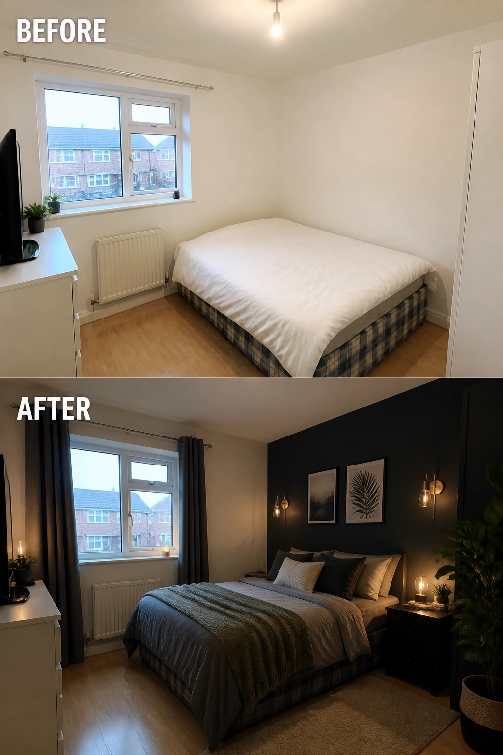 Before-and-after image of a plain bedroom transformed with a dark accent wall, layered bedding, wall art, sconces, and warm lighting.