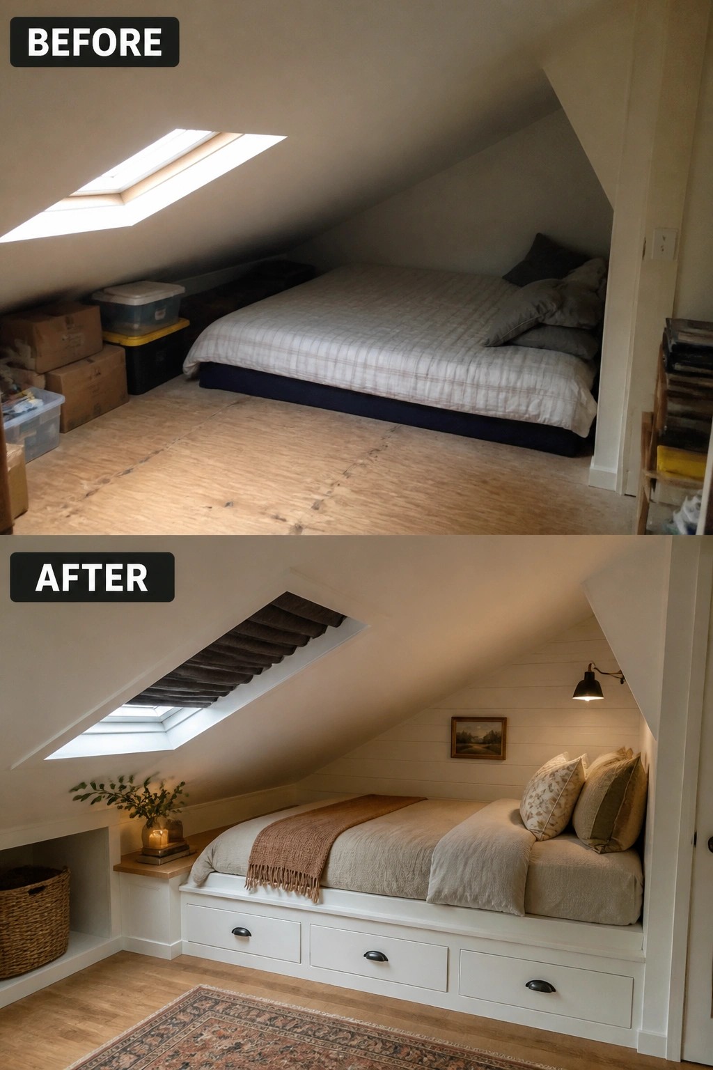 Before and after attic renovation: cluttered mattress to cozy built-in bed with drawers.