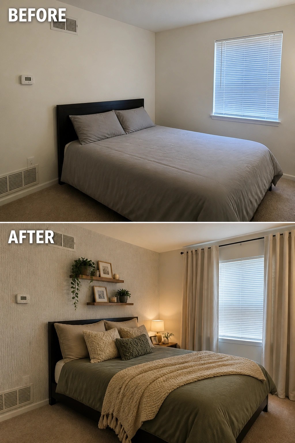 Before and after bedroom with textured walls, floating shelves, curtains, and cozy bedding added.