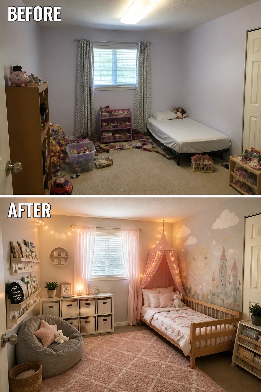 Before-and-after image of a cluttered kids bedroom changed into a themed space with a castle mural, canopy bed, string lights, and organized storage.