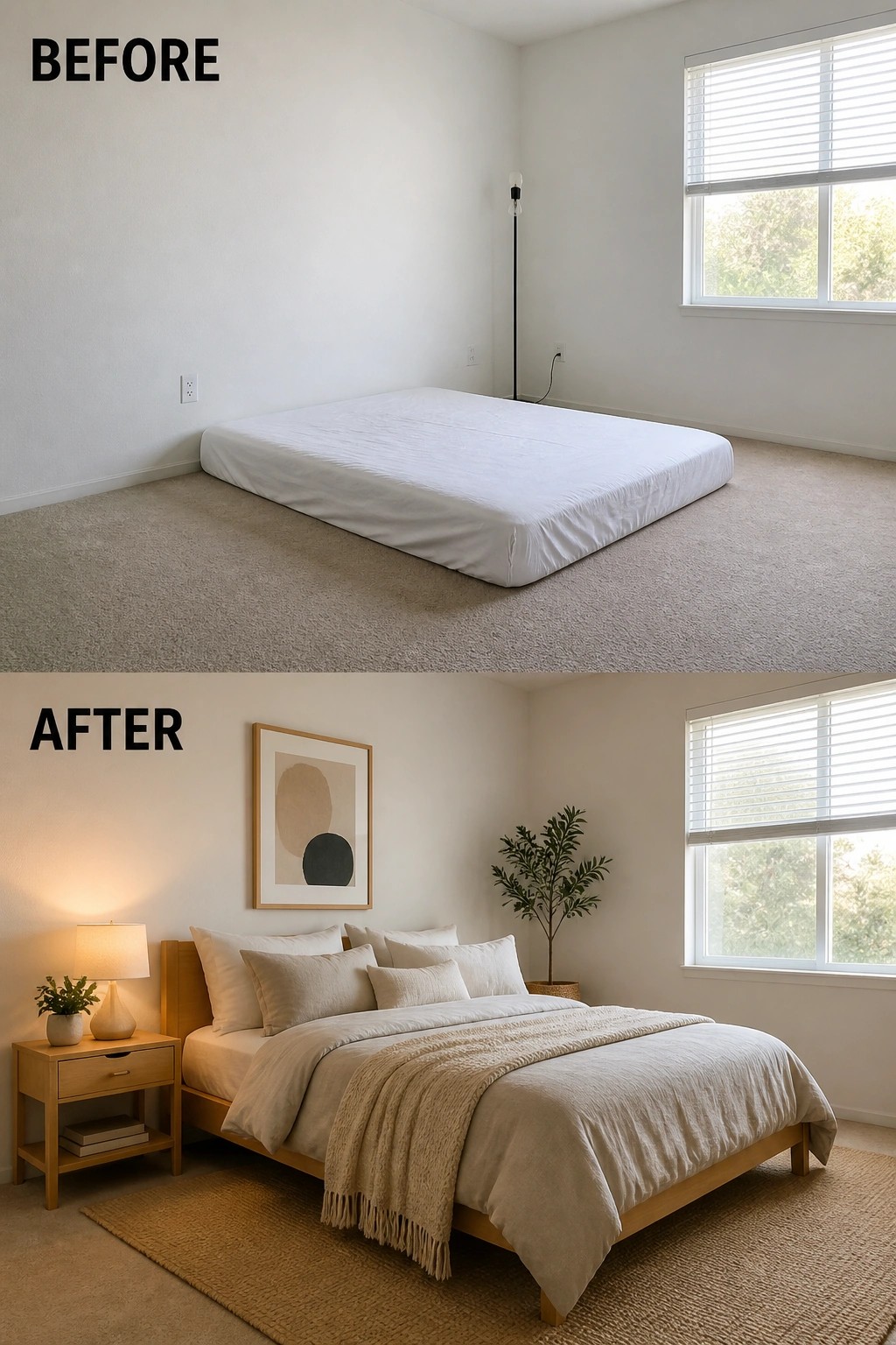Before and after of minimalist bedroom with bare mattress transformed into cozy bed setup.