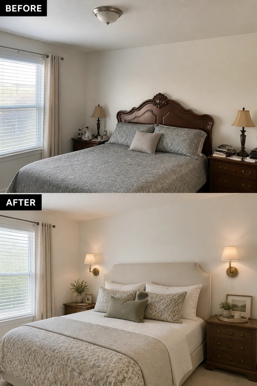 Before-and-after image of a bedroom showing a dark wood headboard replaced with a light upholstered headboard and table lamps swapped for wall sconces.