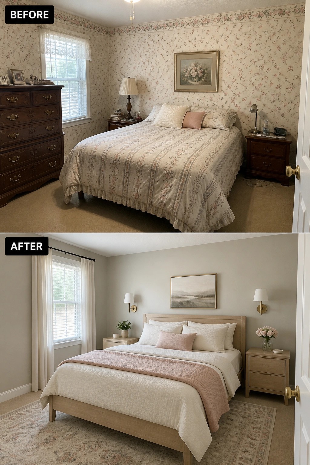 Before and after bedroom with floral wallpaper updated to neutral minimalist decor.
