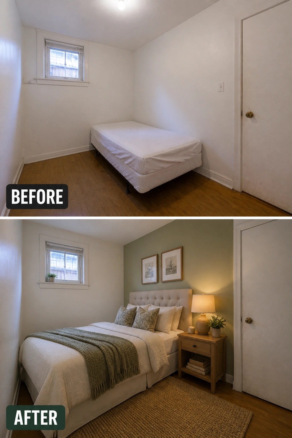 Before-and-after image of a plain bedroom updated with an accent wall, upholstered bed, layered bedding, nightstand, and woven rug.