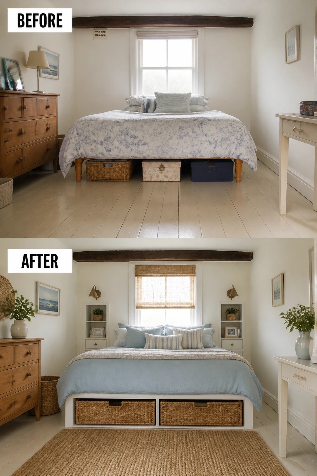 Before-and-after image of a bedroom with loose under-bed storage transformed by a white platform bed frame holding organized woven baskets.